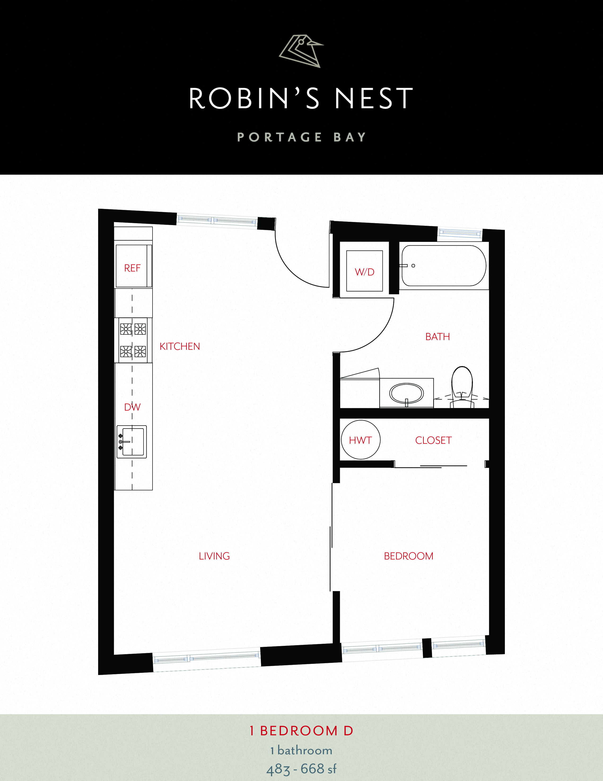 Floor plan for 1 bed, 1 bath, 521 sqft